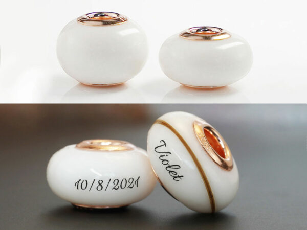 multiple breastmilk jewelry beads different shapes and sizes with rose gold bead cores from keepsakemom on white and dark background with names, dates and hair in the beads