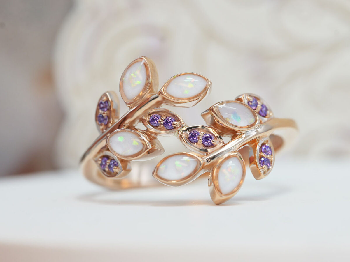 DIY kit breast milk jewelry ring in branch shape with leaf shaped 6 breastmilk stones and purple crystals from KeepsakeMom
