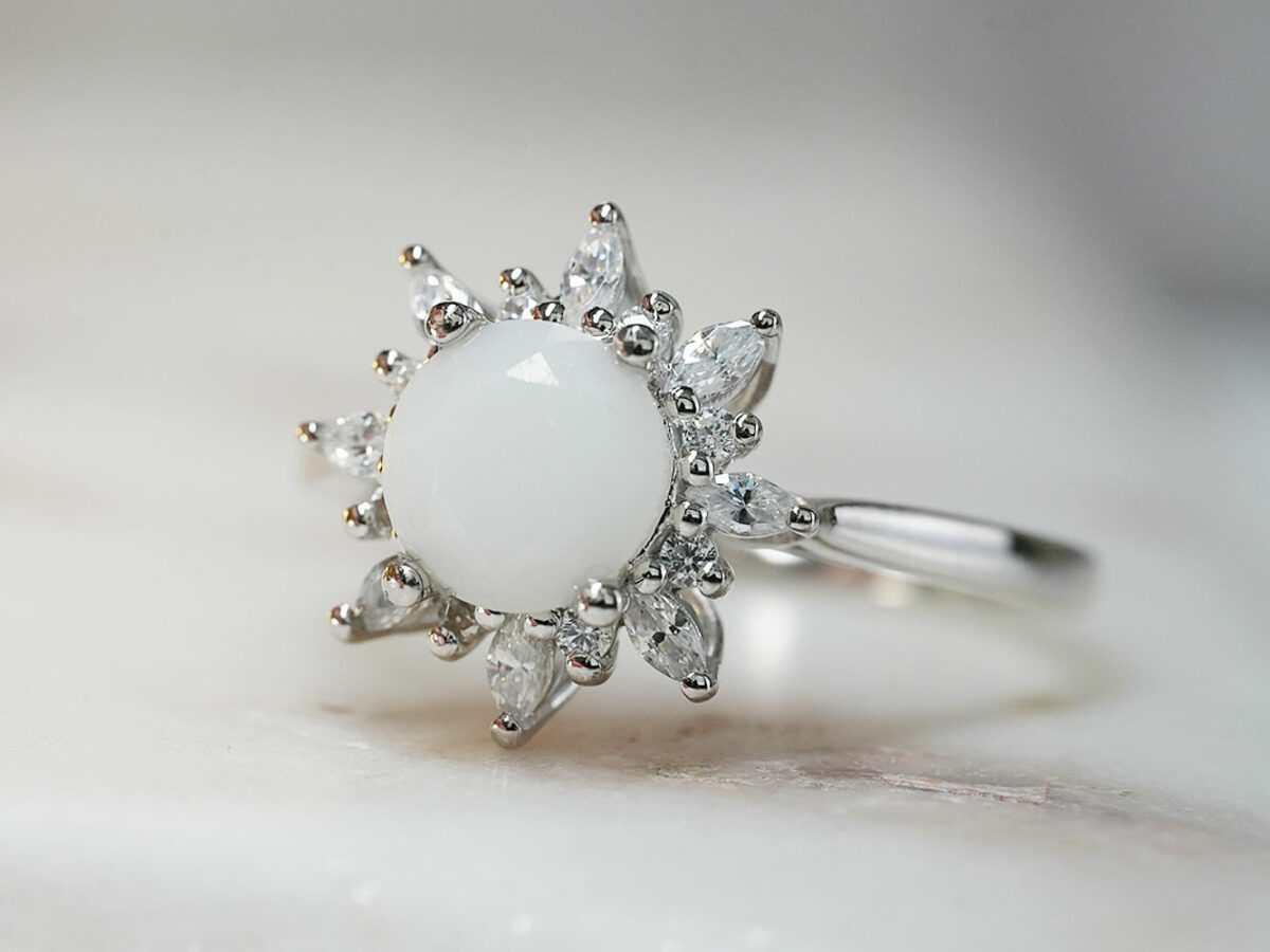 white gold plated sterling silver diamond-shaped breast milk ring with clear crystals from KeepsakeMom