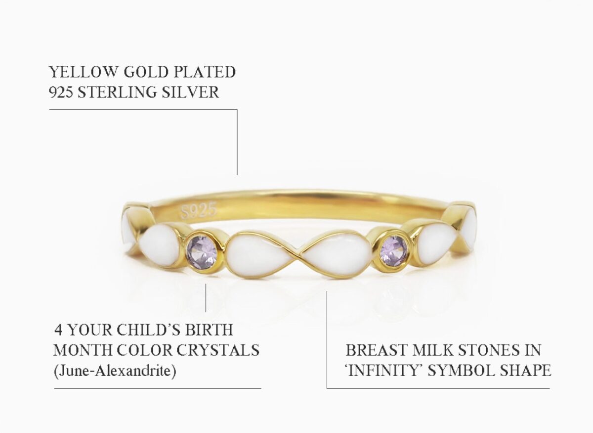 breastmilk sterling silver yellow gold plated fine band marquise style ring with light purple gems with breastmilk stones and purple crystals alternating with milk in infinity shapes diagram describing features on white background from keepsakemom