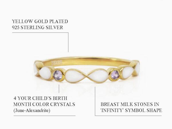 breastmilk sterling silver yellow gold plated fine band marquise style ring with light purple gems with breastmilk stones and purple crystals alternating with milk in infinity shapes diagram describing features on white background from keepsakemom