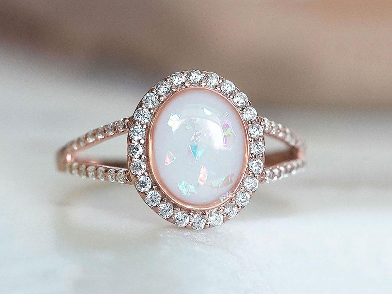breastmilk jewelry oval ring crystals birth month colors rose gold plating opal effect flakes from KeepsakeMom