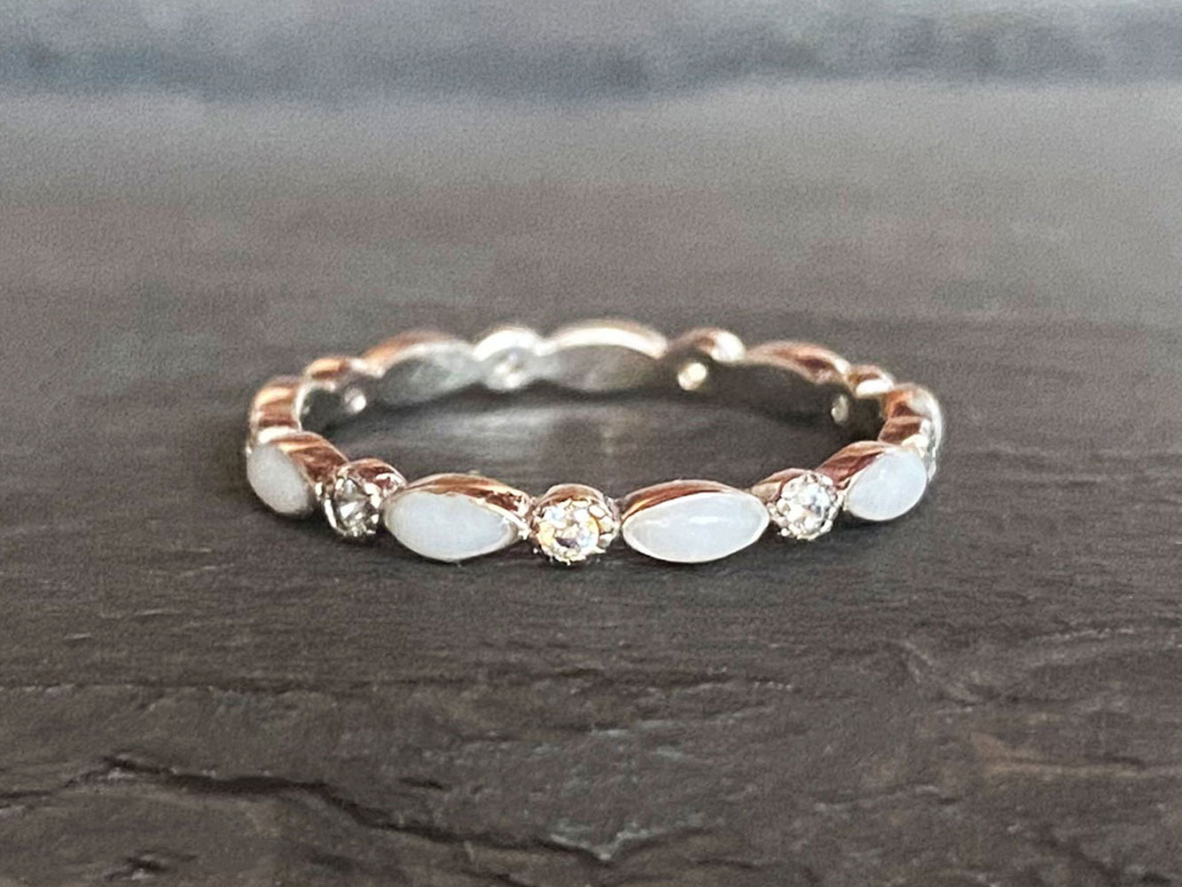 breastmilk ring infinity fine stacker band sterling silver white gold clear crystals KeepsakeMom