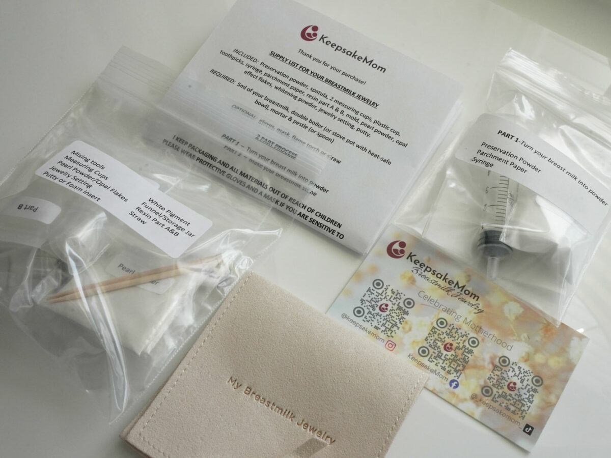 DIY Breastmilk jewelry kit from KeepsakeMom instructions card pouch tools