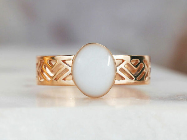 breastmilk jewelry oval stone ring with thick filigree band KeepsakeMom rose gold