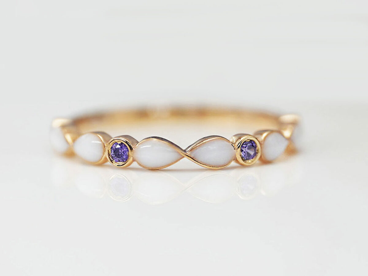 breast milk ring marquise style infinity with birth month color gems purple amethyst color crystals from keepsakemom gold setting
