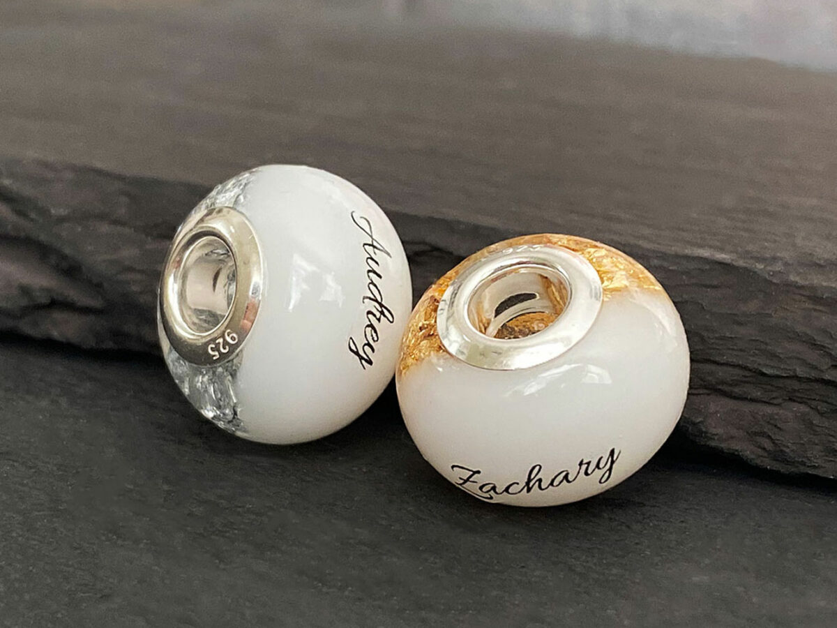 breastmilk jewelry bead with flakes silver yellowgold childs name birth date keepsakemom