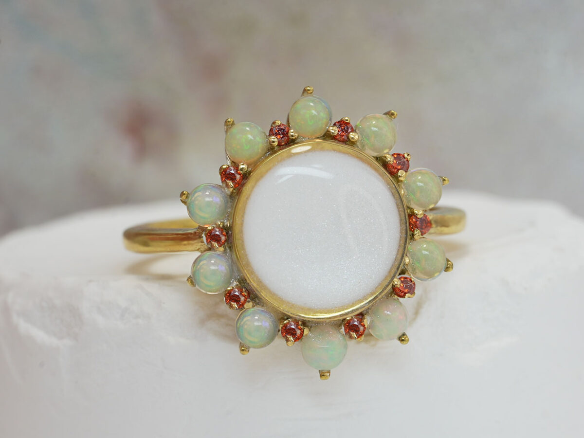 breastmilk ring flower shape with large center breastmilk round stone crystals halo with birth month color gems from keepsakemom opals