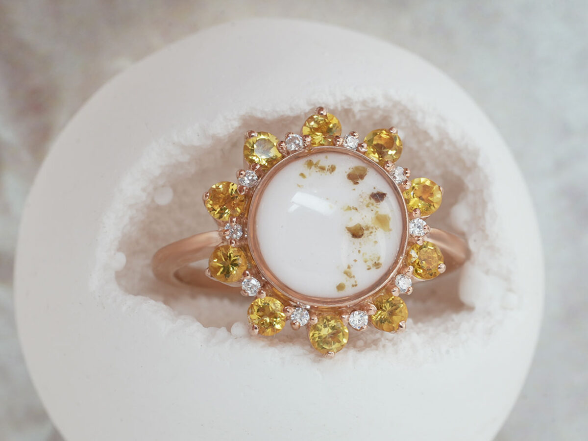 breastmilk ring flower shape with large center breastmilk round stone crystals halo with birth month color gems from keepsakemom citrine placenta inside
