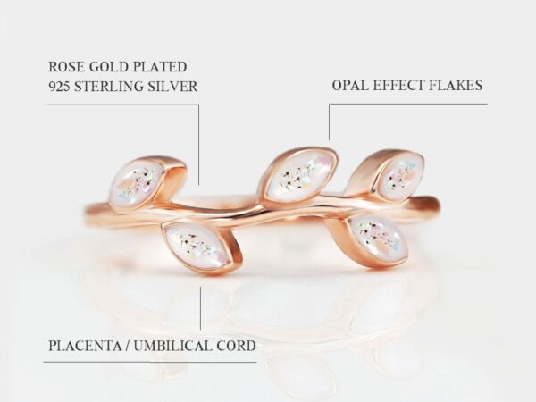 breastmilk sterling silver ring gold plated branch shaped with 5 leaves filled with breastmilk and opal flakes and placenta specks diagram describing features on white background from keepsakemom