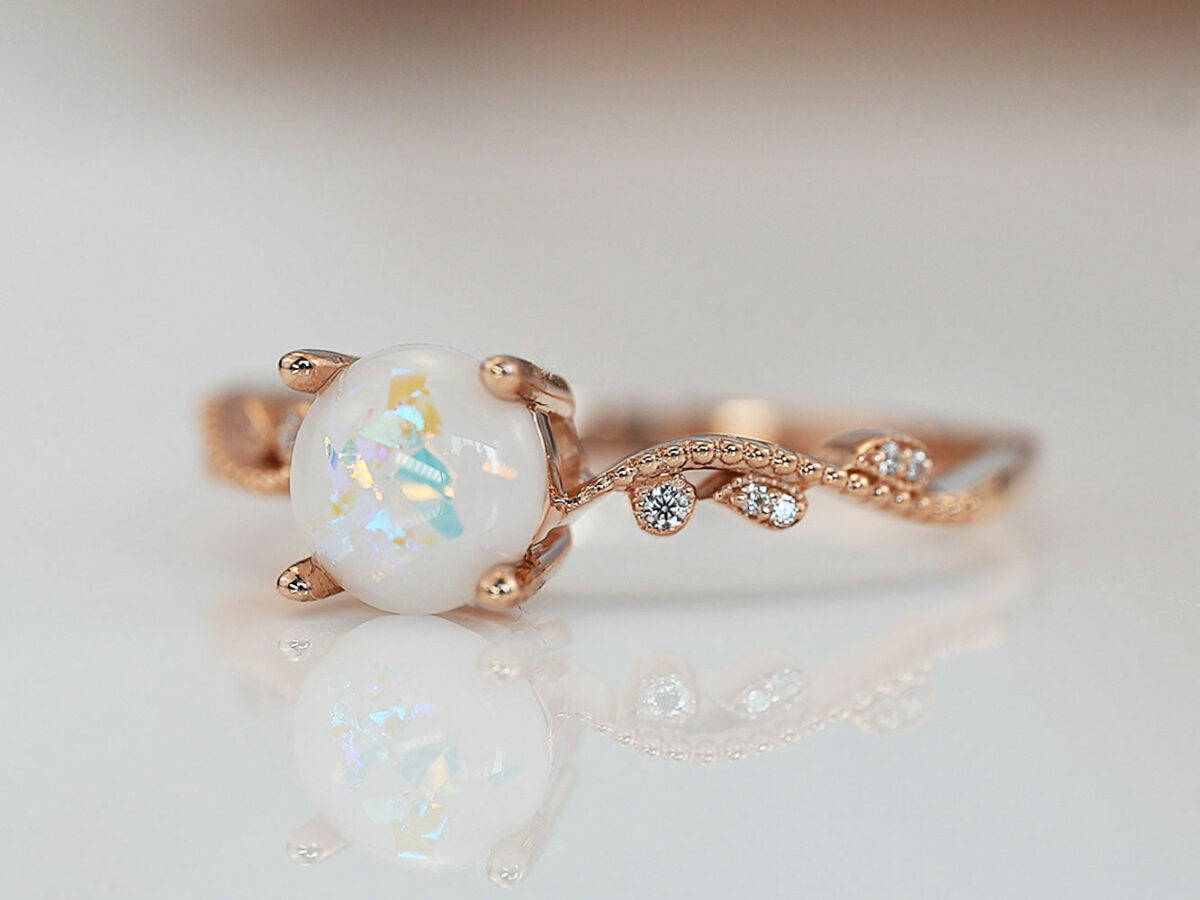 breast milk jewelry ring fine crystals round breastmilk stone with opal effect flakes KeepsakeMom rose gold