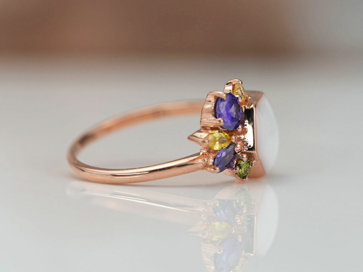 breastmilk jewelry ring hexagon honeycomb birth month colored crystals and gems from KeepsakeMom side view