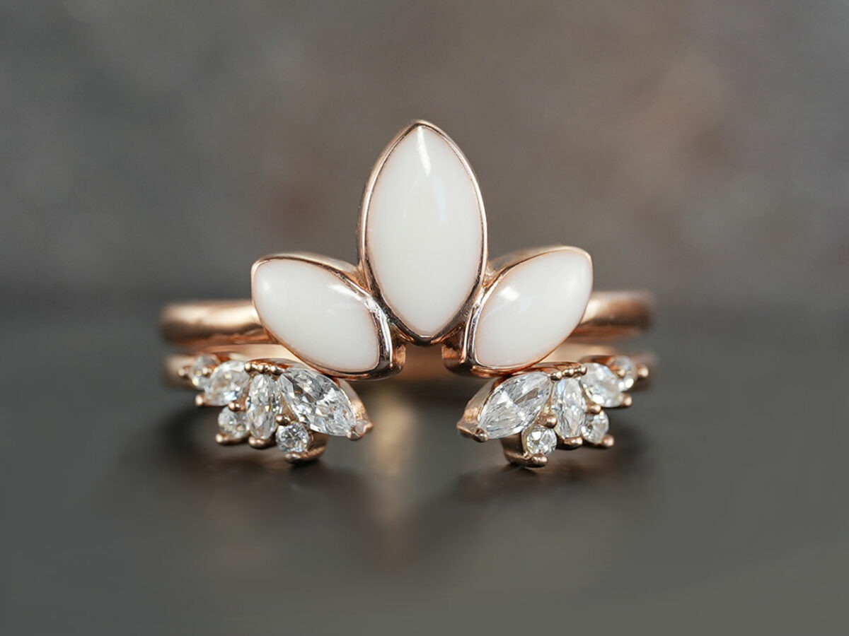 breastmilk jewelry ring leaves three stones lotus like from KeepsakeMom rose gold two ring setting with clear crystals add-on ring on the bottom