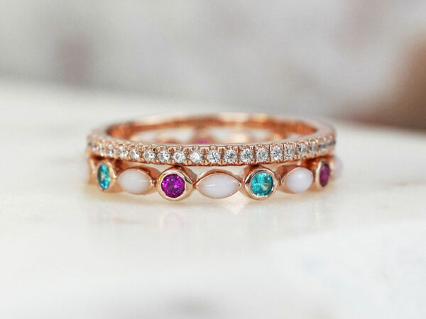 breastmilk rings stacked two fine bands KeepsakeMom infinity birth month color crystals