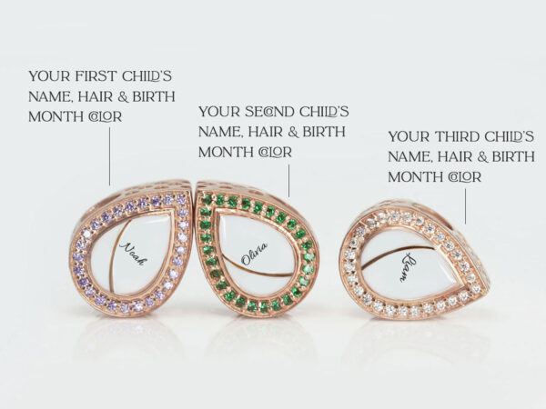 three breastmilk charms beads in teardrop shape with birth month crystals around the breastmilk filled center with the name, hair in the middle from keepsakemom all rose gold for three children