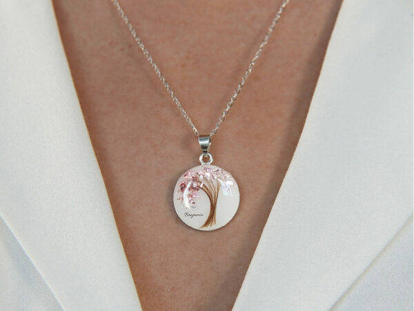 breastmilk jewelry disc necklace tree of life with baby's lock of hair and birth month color flakes tree KeepsakeMom rose and silver model