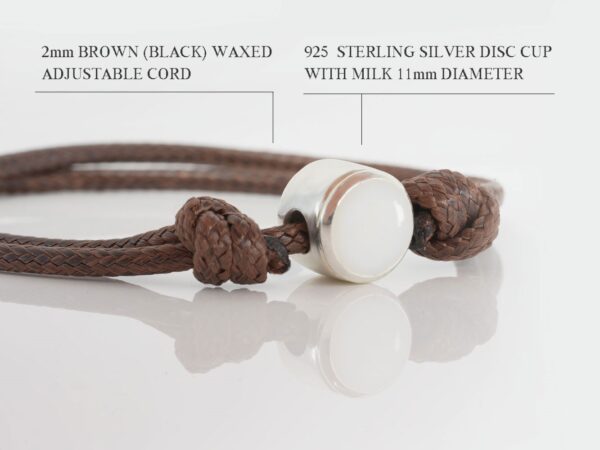 breast milk bracelet sterling silver disc filled with breastmilk for men on brown thick waxed adjustable cord on white background feature describing diagram from keepsakemom
