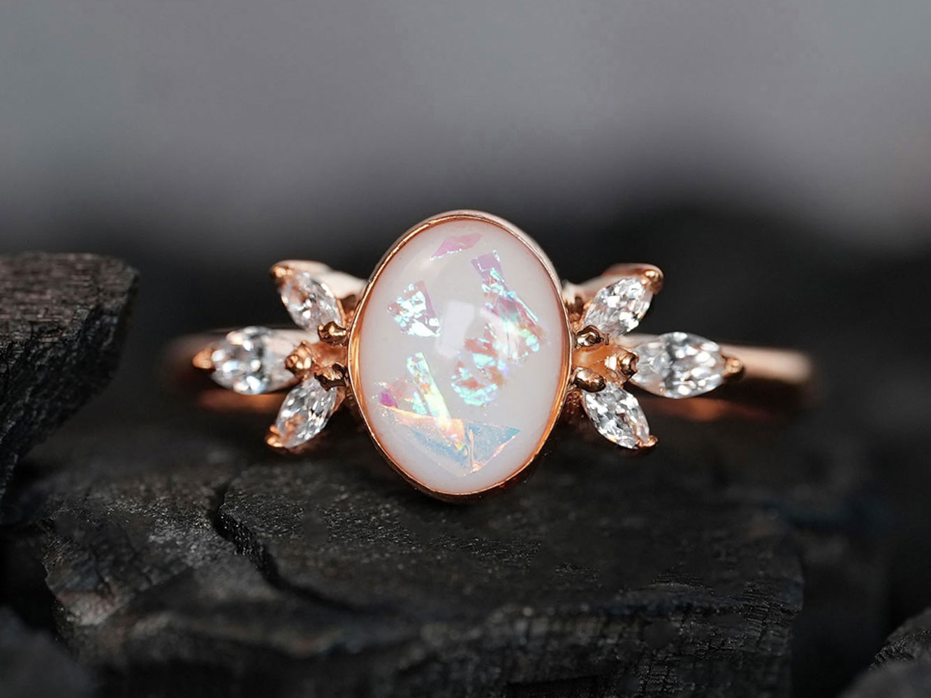 breastmilk ring burst of love oval with crystals from KeepsakeMom with opal effect flakes