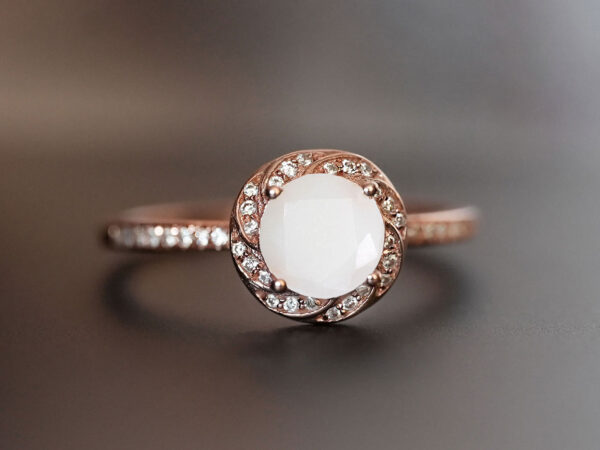 rose gold plated sterling silver ring, diamond-shaped breast milk stone with diamond crystals on the band and around the halo from KeepsakeMom