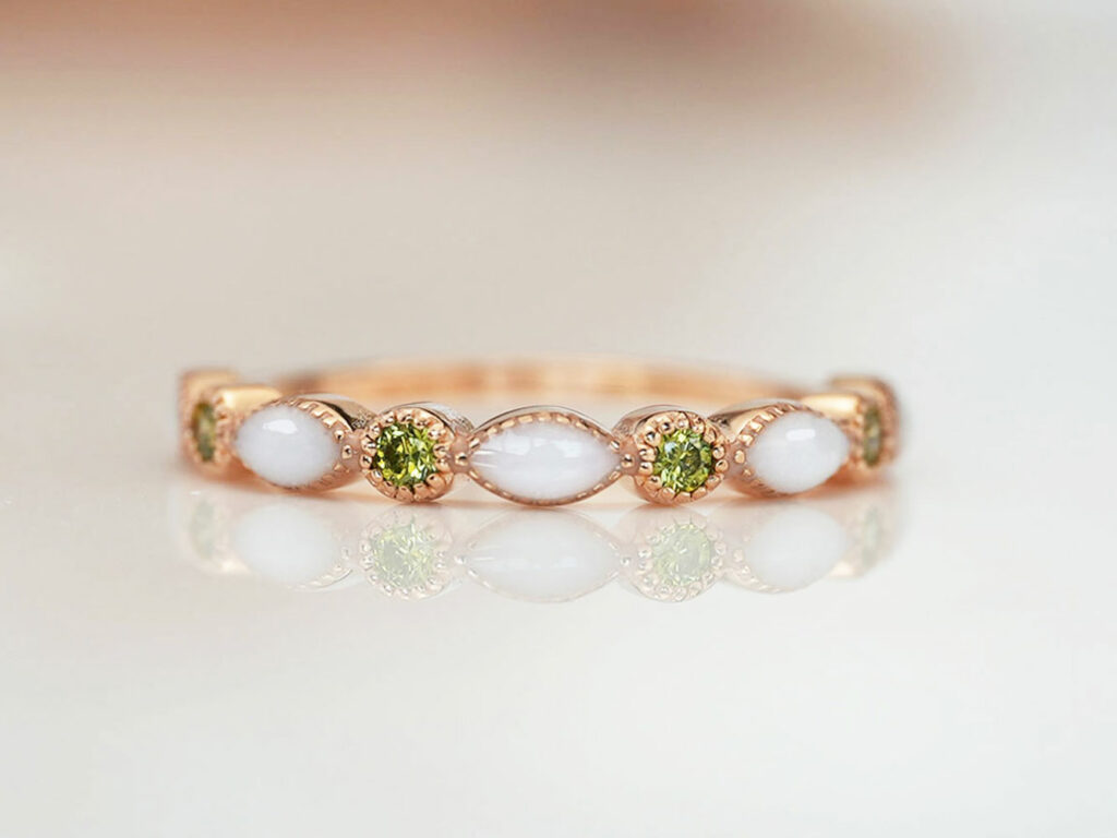 breastmilk jewelry august birth month color peridot August crystals KeepsakeMom fine band ring