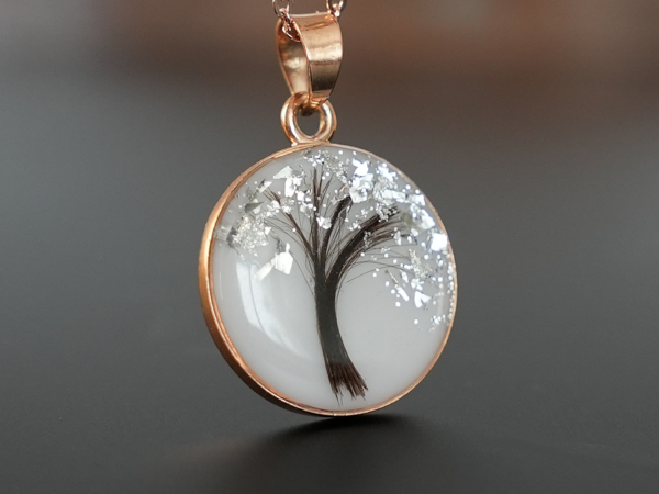 breastmilk jewelry disc necklace tree of life with baby's lock of hair and birth month color flakes tree KeepsakeMom rose and silver flakes
