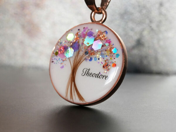 breastmilk jewelry disc necklace tree of life with baby's lock of hair and birth month color flakes tree KeepsakeMom rose and ranbow shimmers
