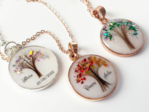 breastmilk jewelry disc necklace tree of life with baby's lock of hair and birth month color flakes tree KeepsakeMom three pendants compared