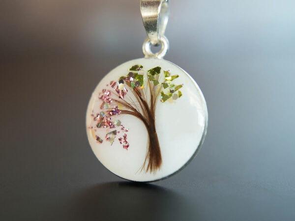 breastmilk jewelry disc necklace tree of life with baby's lock of hair and birth month color flakes tree KeepsakeMom rose and green