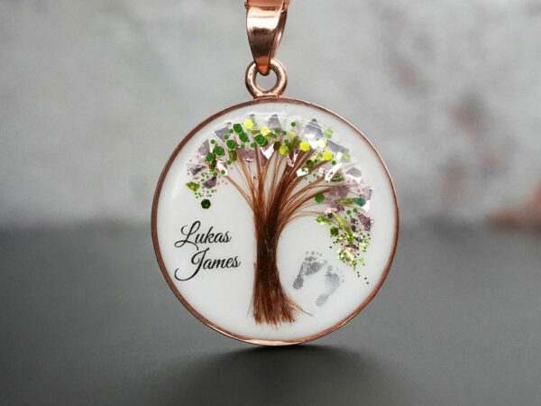 breastmilk jewelry disc necklace tree of life with baby's lock of hair and birth month color flakes tree KeepsakeMom rose and green, baby feet and names