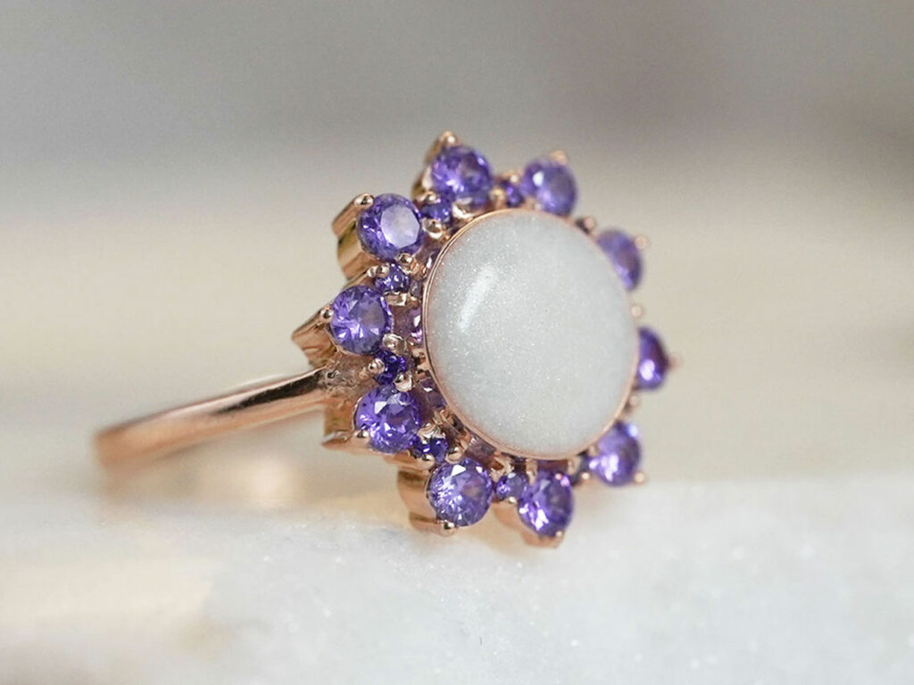 breastmilk jewelry flower ring birth month purple amethyst February crystals Keepsakemom