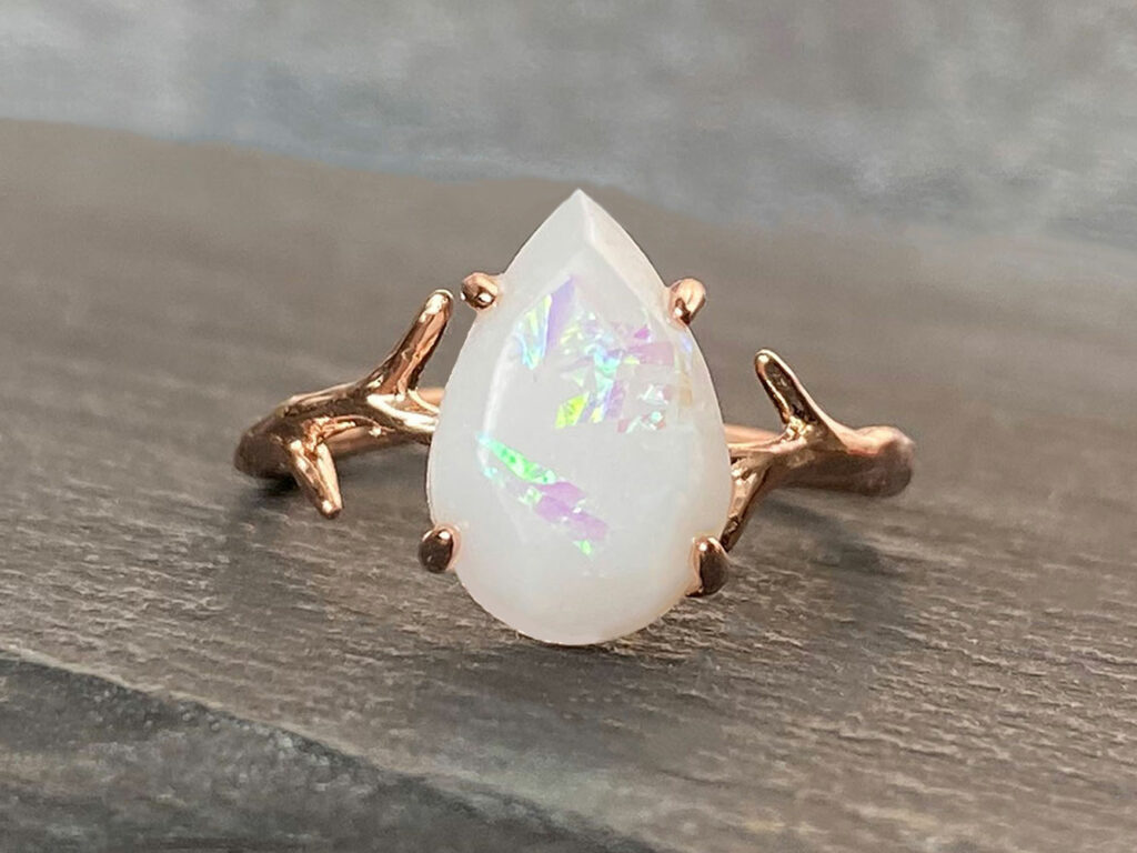 breastmilk jewelry opal October birth month stone from Keepsakemom ring with rose gold branch like band