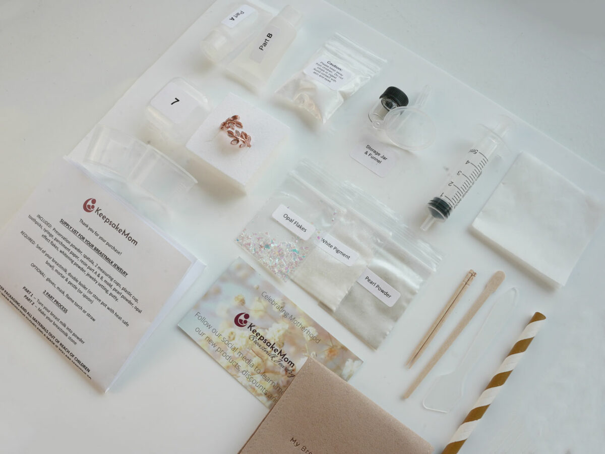 breastmilk jewelry DIY kit from KeepsakeMom kit contents box open