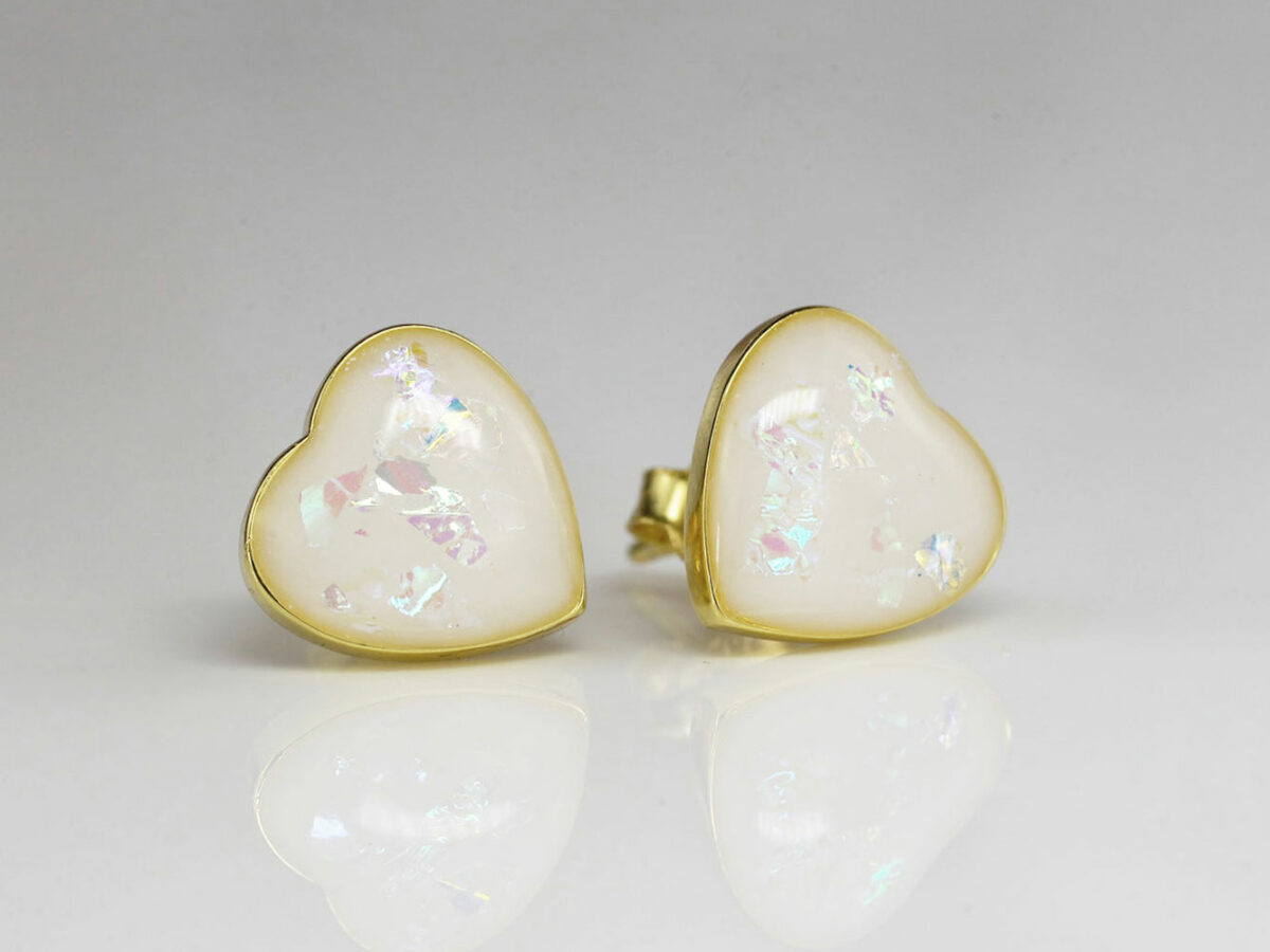 breastmilk jewelry earrings studded heart shaped 8mm gold from KeepsakeMom opal effect