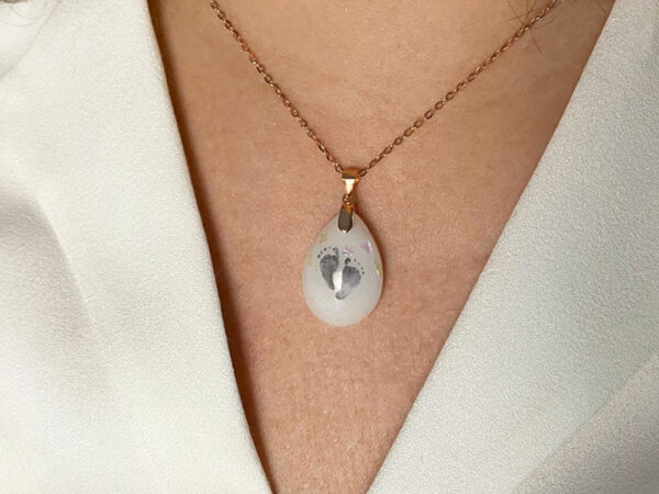 breastmilk jewelry necklace teardrop with baby prints and name KeepsakeMom