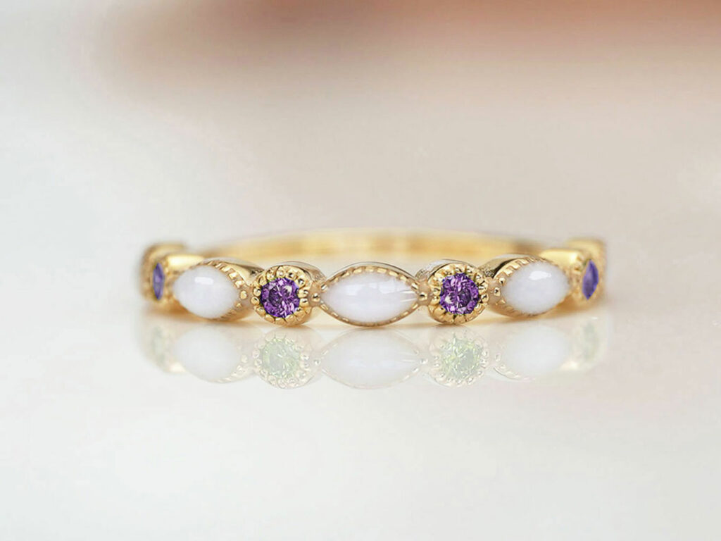 breastmilk jewelry gold fine ring birth month purple amethyst February crystals from Keepsakemom