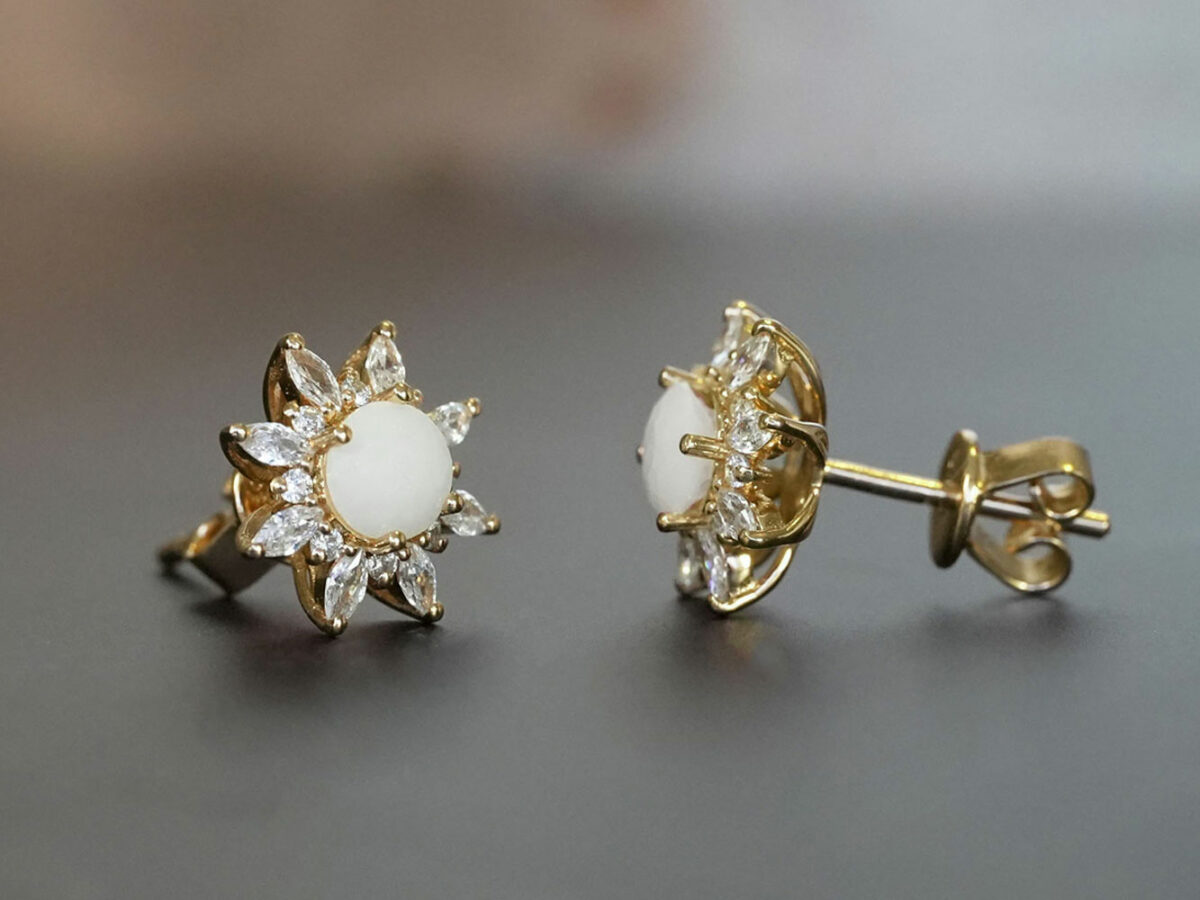 breastmilk jewelry fancy crystals star or flower shaped studded earrings KeepsakeMom yellow gold side view