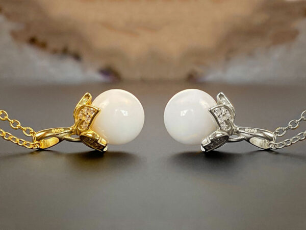 breastmilk jewelry sweet pea necklace pearl flower KeepsakeMom silver and gold compared