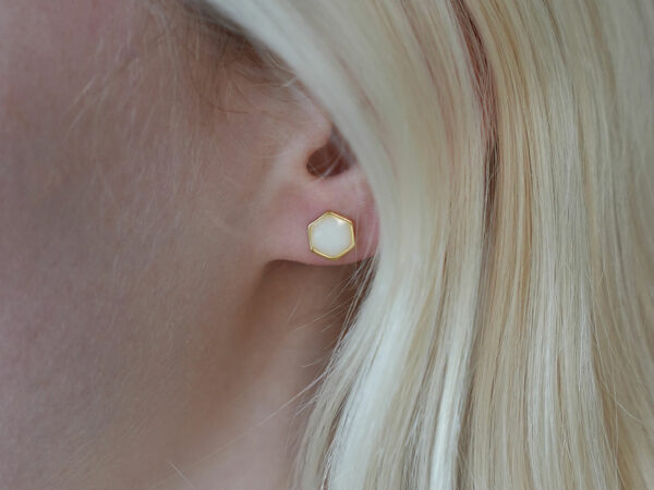 breastmilk jewelry earrings studded honeycomb hexagon shaped KeepsakeMom model