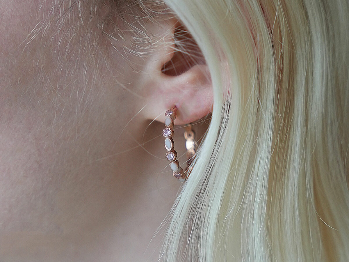 breastmilk jewelry earrings studded hoops infinity marquise style pink tourmaline crystals KeepsakeMom rose gold model
