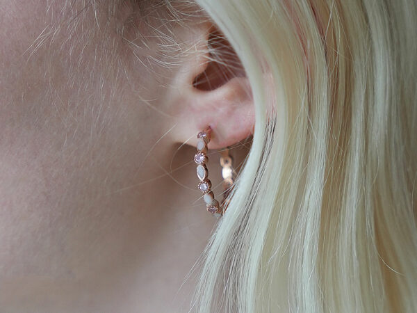 breastmilk jewelry earrings studded hoops infinity marquise style pink tourmaline crystals KeepsakeMom rose gold model