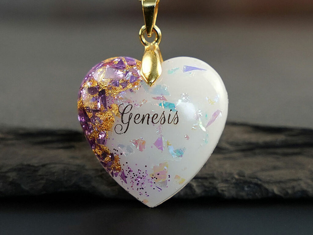 Breastmilk jewelry heart necklace with light purple alexandrite June birth month color flakes and baby's name from KeepsakeMom with silver chain and bail