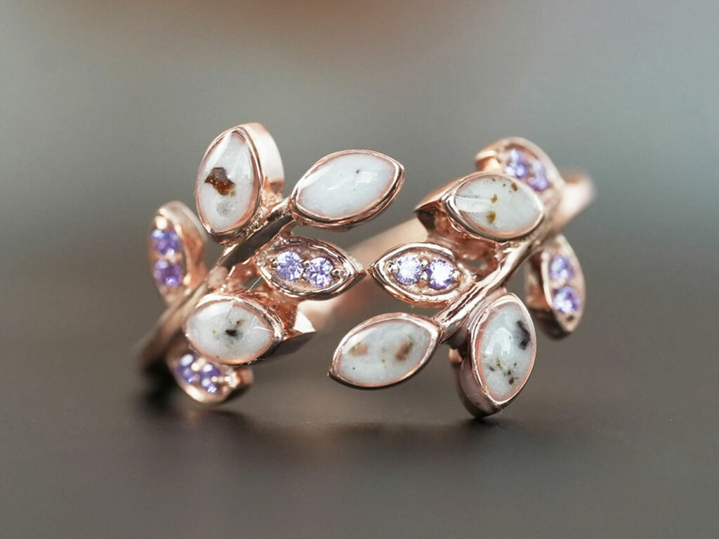breastmilk jewelry ring with June birth month color light purple crystal Alexandrite Keepsakemom