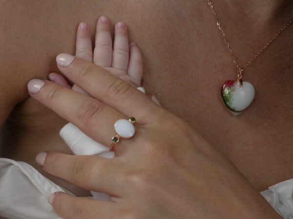 breastmilk jewelry ring and heart necklace model mother baby from KreepsakeMom