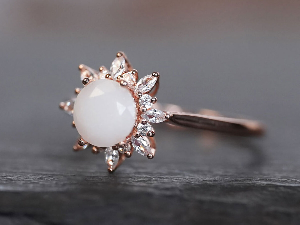 Rose gold plated sterling silver diamond-shaped breast milk ring with clear crystals from KeepsakeMom