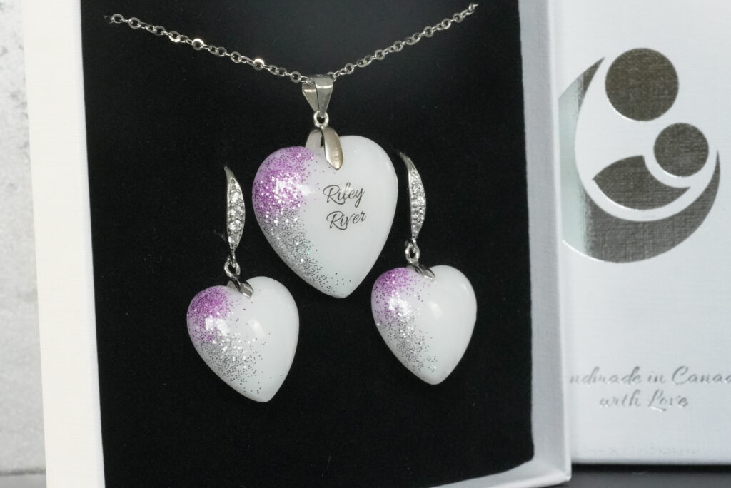 Breastmilk jewelry fine band heart set necklace and earrings with light purple Alexandrite June birth month color shimmers from KeepsakeMom