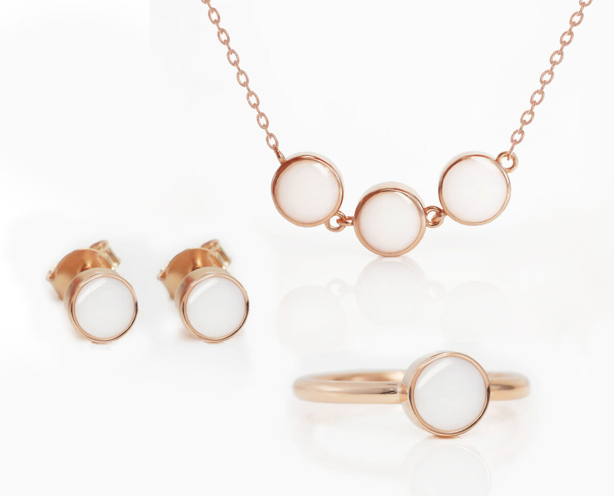 breastmilk jewelry set in rose gold simple on white background necklace ring and studded earrings from keepsakemom round shape