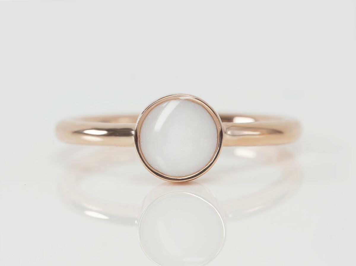 breastmilk jewelry ring simple classic round stone sterling silver rose gold plated from keepsakemom on white background