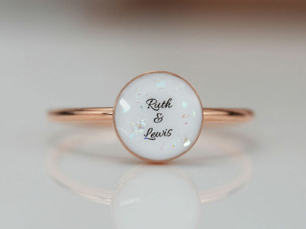 breastmilk jewelry round ring opal flakes names rose gold from KeepsakeMom