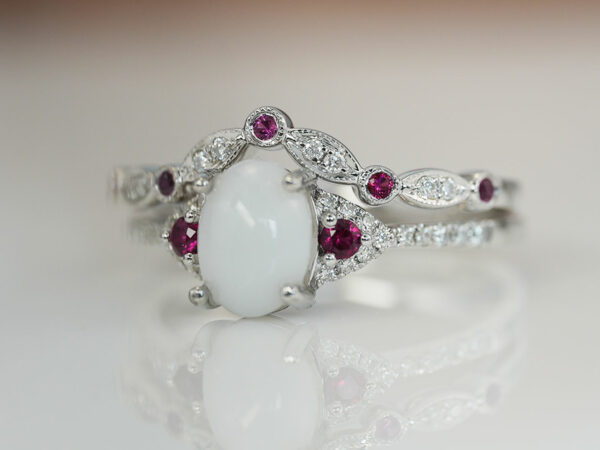 breastmilk jewelry fine ring set with birth month color gems and oval breastmilk stone KeepsakeMom white gold red ruby