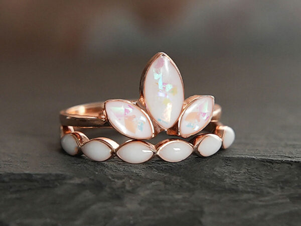 breastmilk jewelry ring leaves drops set of two rings lotus and bloom KeepsakeMom rose gold opal flakes